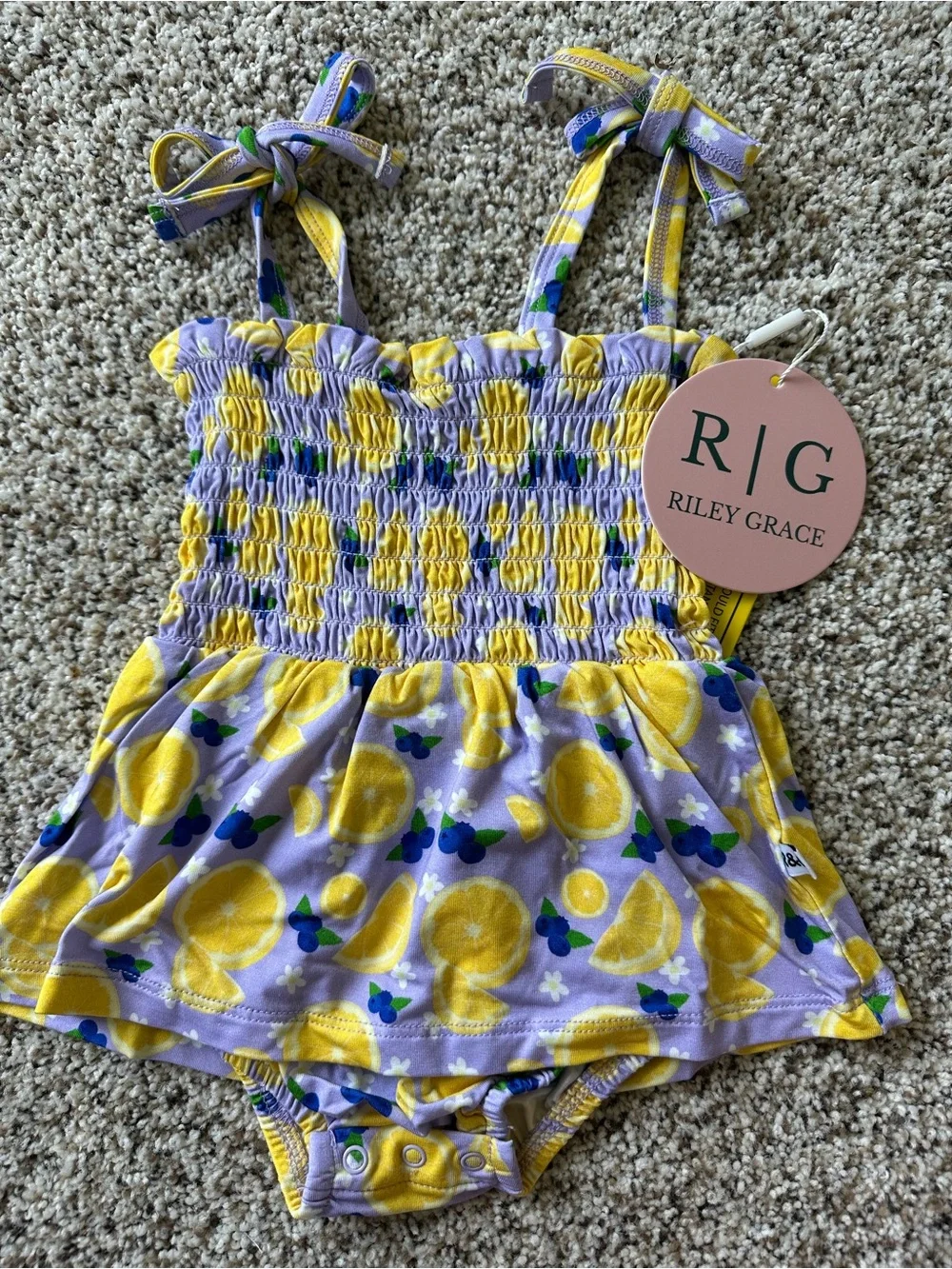 Girls' Lemon and Blueberry Print Smocked One-Piece Bamboo Bodysuit Twirl